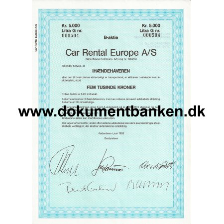 Car Rental Europe A/S 5000 Kr. B-Aktie 1986