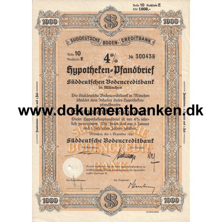 Sddeutsche Boden-Creditbank 1000 Mark Pfandbrief 1941