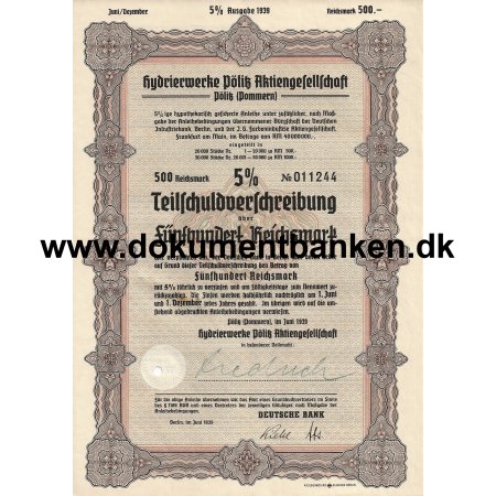 Hydrierwerke Plitz Aktiengesellschaft 5% Teilschuldverschreibung 1939