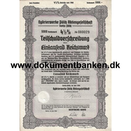Hydrierwerke Plitz Aktiengesellschaft 1000 mark 4% Teilschuldverschreibung 1940