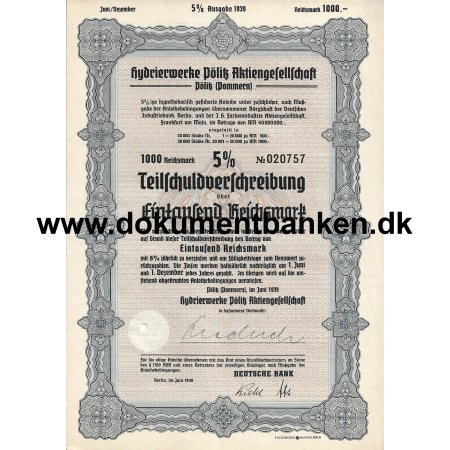 Hydrierwerke Plitz Aktiengesellschaft 1000 mark 5% Teilschuldverschreibung 1939