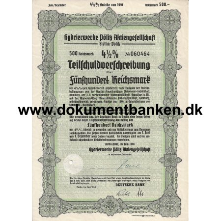 Hydrierwerke Plitz Aktiengesellschaft 500 mark 4 % Teilschuldverschreibung 1940