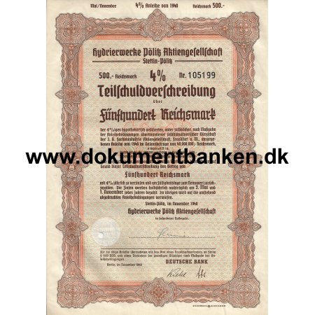 Hydrierwerke Plitz Aktiengesellschaft 500 mark 4% Teilschuldverschreibung 1940