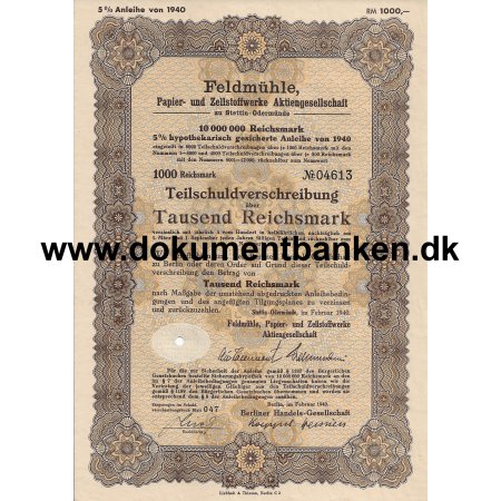 Feldmhle Papier und Zellstoffwerke Teilschuldverschreibung 1000 Mark 1940