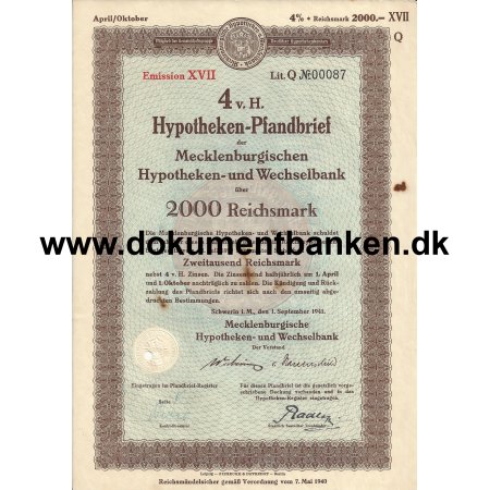 Mecklenburgischen Hypoteken- und Wechselbank 2000 Mark 1941