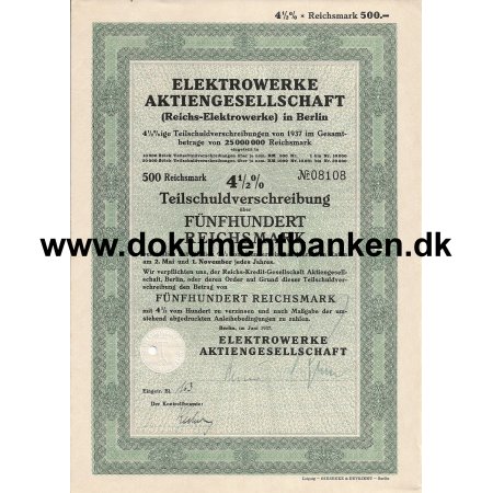 Elektrowerke A/G Teilschuldverschreibung 500 mark 4% Tyskland 1937 