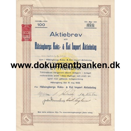 Hlsingborgs Koks- &amp; Kol Import Aktiebolag 100 Kr. Aktie 1932