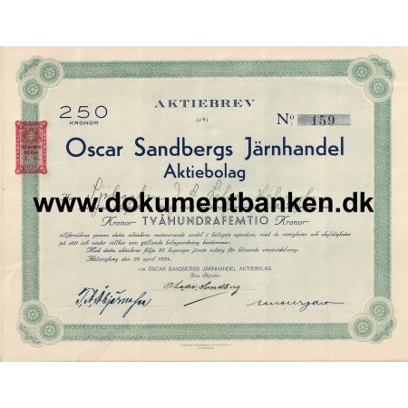 Oscar Sandbergs Jrnhandel Aktiebolag 150 Kr. Aktie 1934