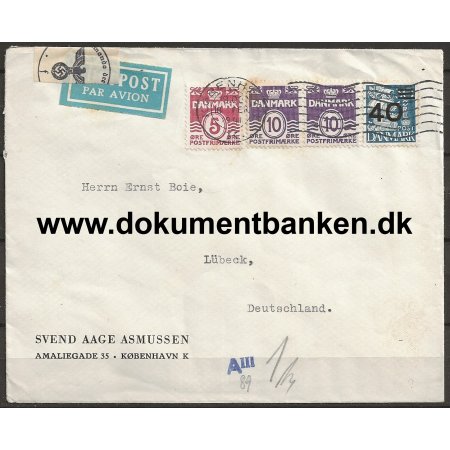 Luftpost kuvert med tysk censur. Kbenhavn til Lbeck 1941