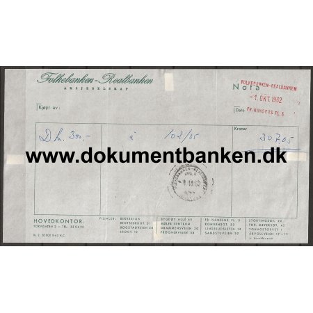 Folkebanken Realbanken Vekselkvittering Fr. Nansens Pl. 5 Oslo 1 oktober 1962