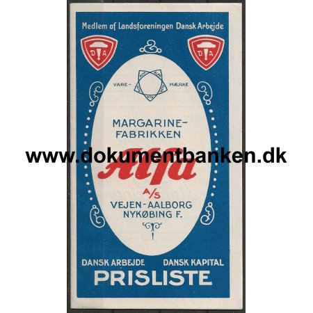 Margarinefabrikken Alfa A/S Aalborg Vejen Nykbing F. Prisliste 6 oktober 1930