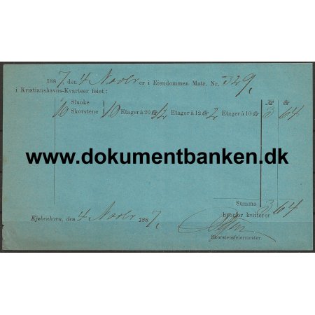 Skorstensfeiermester Kvittering Christianshavn 1887