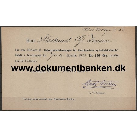 Rejsestipendieforeningen for Haandvrkere og Industridrivende Kvittering 1888