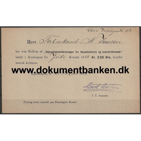 Rejsestipendieforeningen for Haandvrkere og Industridrivende Kvittering 1888