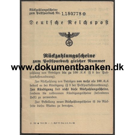 Tilbagebetaling kvitteringshefte for Postsparekort Deutsches Reichpost 1940