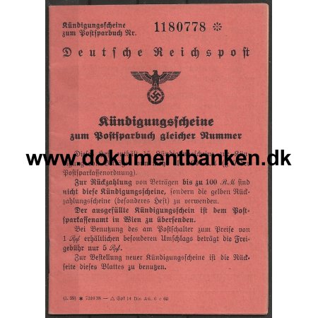 Tilbagebetaling kvitteringshefte for Postsparekort Deutsches Reichpost 1940