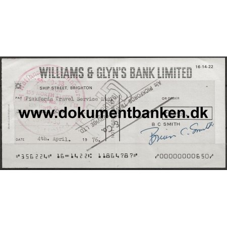 Williams &amp; Glyn's Bank Limited England Check