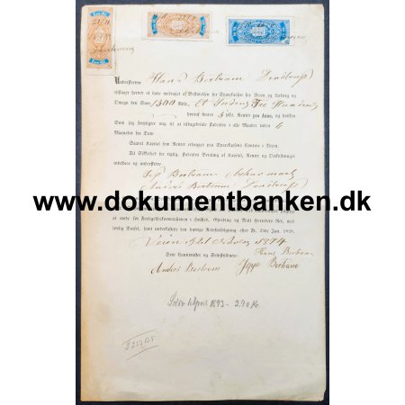 Lnebevis udstedt af Sparekassen for Vejen og Lborg til Hans Bertram 1874 Stempelmrker Dokument