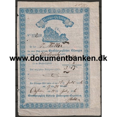 Passagerbillet Postdiligence Bayern Tyskland 1836 Dokument