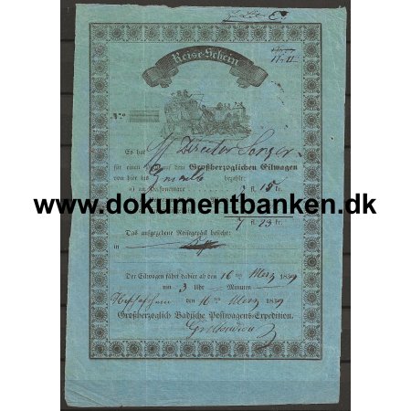 Passagerbillet Postdiligence Bayern Tyskland 1839 Dokument