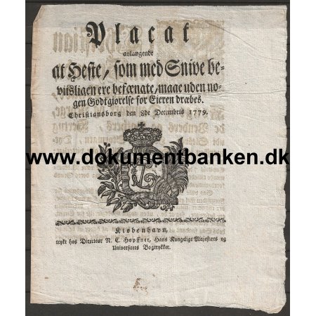 Tilladelse til at drbe sin hest uden godtgrelse til Hren Placat Christian d. 7. 1779 Dokument