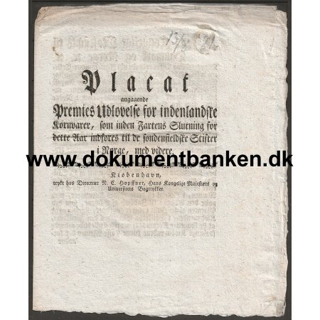 Prmie udloves for udfrsel af indenlandske kornvarer til Norge 1781 Placat Dokument