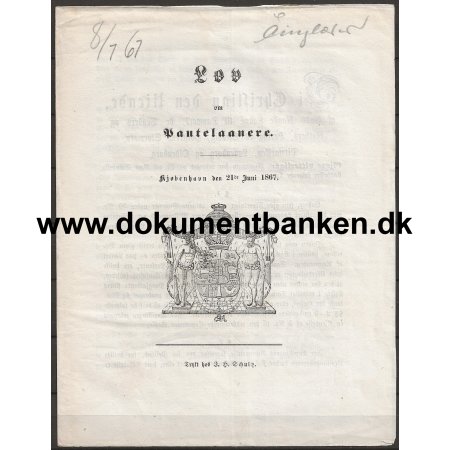 Lov for Pantelnere 21 juni 1867 Dokument