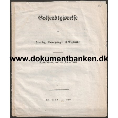 Bekendtgrelse for fremtidige Udprgninger af Rigsmnt 1854 Dokument