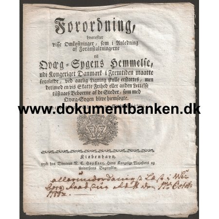 Forordning til Kvgsygens Begrnsning i Danmark 1780 Dokument