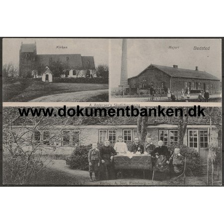 A. Andersen's Skotj forretning Mejeri og Kirke, Bedsted, Jylland, Postkort