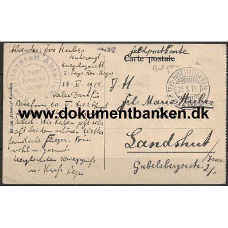 Tysk Feldpost Feld-Poststation No. 19 der 6 Arme Belgien Postkort