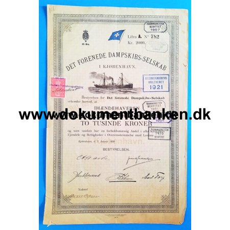 Det Forenede Dampskibs Selskab 2000 Kr Aktie 1899