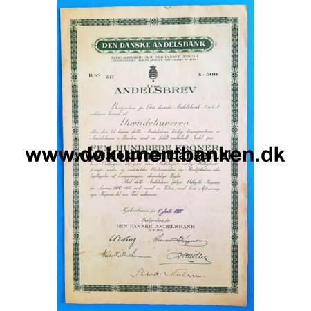 Den Danske Andelsbank 500 Kr. Andelsbrev 1920