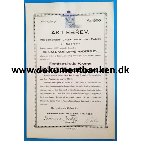 AGA Ildtnderfabrikken Haderslev 500 kr. aktie 1946