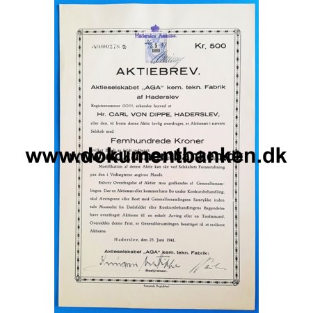 AGA Ildtnderfabrikken i Haderslev 500 kr. aktie 1941