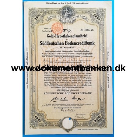 Sddeutschen Bodencreditbank 7% Goldpfandbrief 2000 Mark 1927