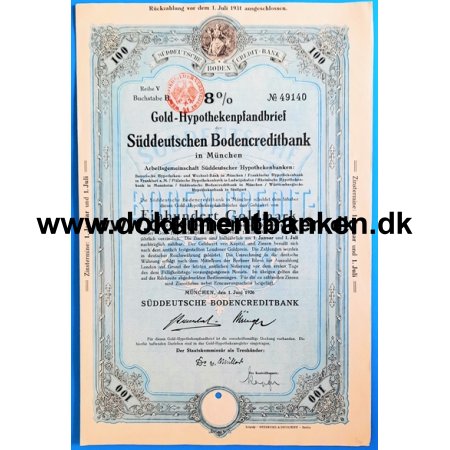 Sddeutschen Bodencreditbank 8% Goldpfandbrief 100 Mark 1926