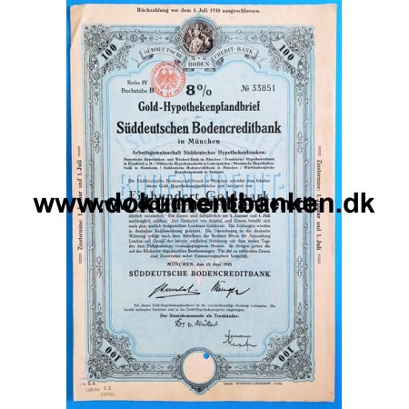 Sddeutschen Bodencreditbank 8% Goldpfandbrief 100 Mark 1925