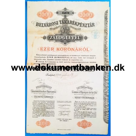 Innerstdtischen Sparcassa Budapest 4 % 1000 Kronen Pfandbrief 1910