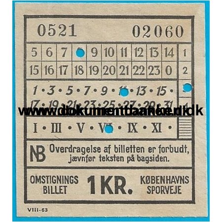 KS, Sporvej Billet 1,00 Kr,  August 1963