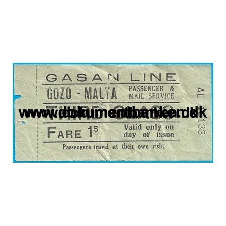 Malta, Gasan Line, Skibsbillet, Gozo-Malta, Third Class, 1 Shilling