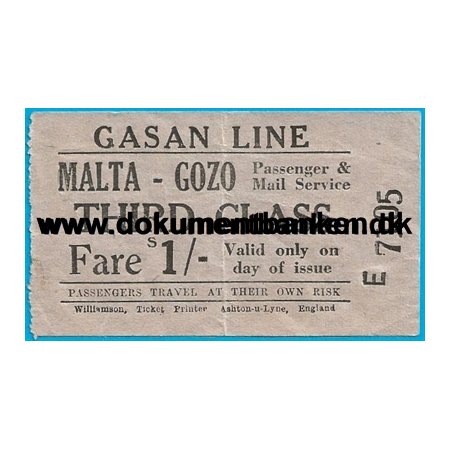 Malta, Gasan Line, Skibsbillet, Malta-Gozo, Third Class, 1 Shilling