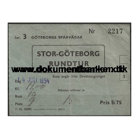 Gteborg Sporvgar billet Stor Gteborg Rundtur 1954