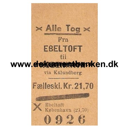 Edmonsonsk Billet. Alle Tog. Ebeltoft - Kbenhavn