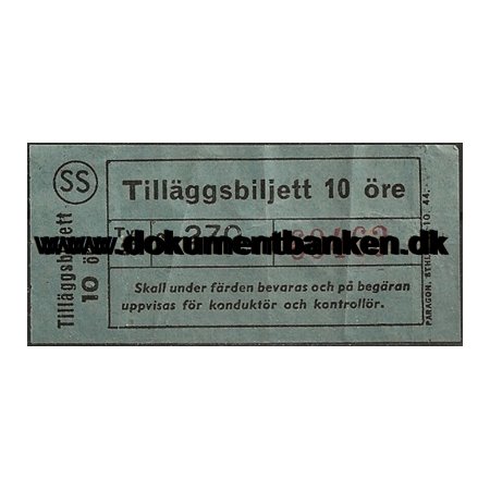 Stockholms Sporvgar Biljett 10 re Tillggsbiljett 1 oktober 1944