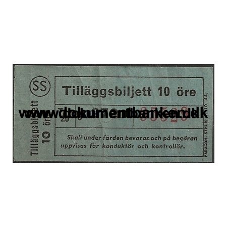 Stockholms Sporvgar Biljett 10 re Tillggsbiljett 1 oktober 1944