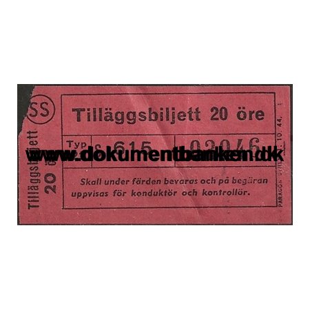 Stockholms Sporvgar Biljett 20 re Tillggsbiljett 1 oktober 1944