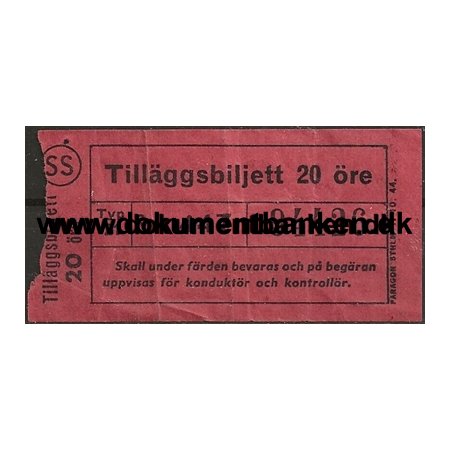 Stockholms Sporvgar Biljett 20 re Tillggsbiljett 1 oktober 1944