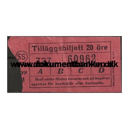 Stockholms Sporvgar Biljett 20 re Tillggsbiljett 1 september 1947