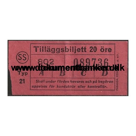 Stockholms Sporvgar Biljett 20 re Tillggsbiljett 1 september 1947